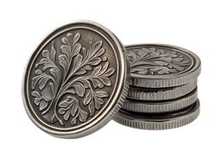 Close up of antique silver coins with intricate plant engravings.