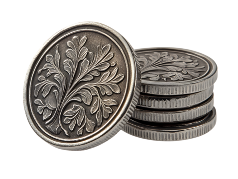 Close up of antique silver coins with intricate plant engravings.