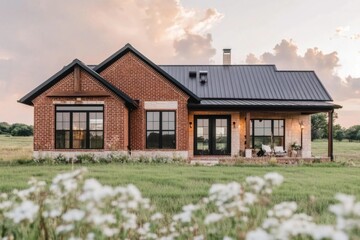 Fototapeta premium Nestled in a serene rural setting, this captivating brick house showcases a contemporary design that beautifully contrasts with the vibrant greenery surrounding it, especially breathtaking at sunset