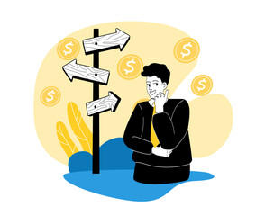 Businessman makes choice. Man near signboard. Decision making process. Career opportunities and alternative ways. Logical thinking and doubts. Linear vector illustration