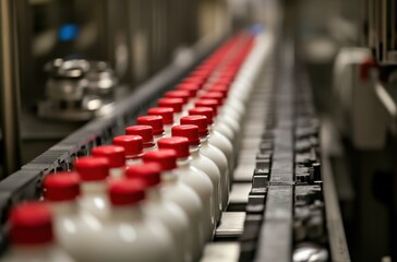 Obraz premium Production line of milk bottles with red caps in a factory setting, showcasing the manufacturing process and industrial efficiency in dairy production