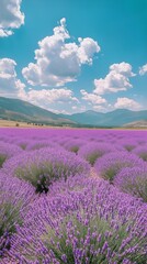 Fototapeta premium Lavender Field in Full Bloom Under a Bright Blue Sky With Fluffy Clouds in the Mountains