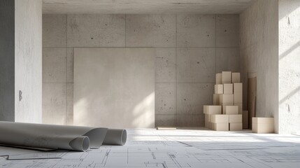 Modern empty room under construction, blueprints, boxes. Interior design, architectural visualization