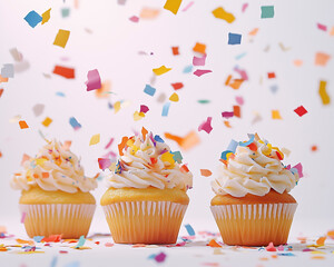 Artistic close-up of cupcakes and confetti on white background, ideal for birthday decor.