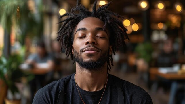 Man with dreadlocks practicing relaxation exercises and mindfulness with eyes closed in a comfortable indoor space. Generative AI