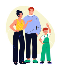 Pregnancy and motherhood. Woman and man with boy. Mother, father and son. Parenthood and childhood. Mom, dad and kid. Parents with child. Flat vector illustration
