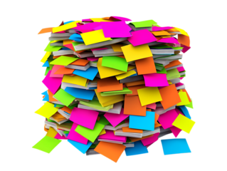 Colorful sticky notes and papers stacked high.
