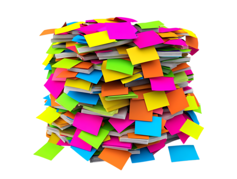 Colorful sticky notes and papers stacked high.