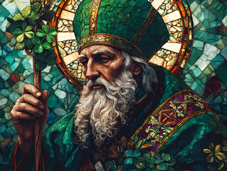 st patrick's day saint patrick on stained glass, saint patrick holy representation on church