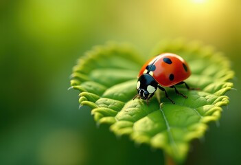 Fototapeta premium macro shot colorful ladybug resting fresh green showcasing rich textures bright colors nature, insect, vibrant, wildlife, vivid, detail, pattern, flora