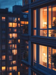 side view of modern apartment house windows, some of them with lights on, in the night, photoreal.