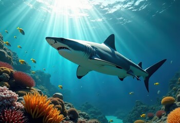 majestic shark gliding through colorful underwater landscape teeming lively marine life vibrant coral reefs, aquatic, blue, bubble, creature, depth