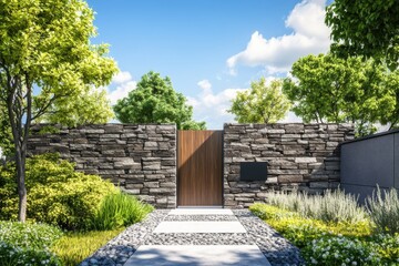 Fototapeta premium The entrance to a beautiful garden features a sturdy stone wall and an inviting wooden gate. It is set against a backdrop of a clear blue sky during the daytime.
