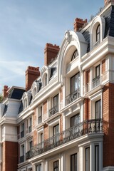 Obraz premium Beautiful historic building with intricate architectural details located in a vibrant city, showcasing elegant brickwork and classic design under a clear blue sky