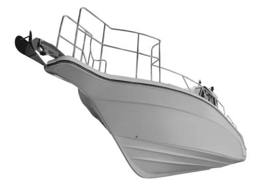 Bow of white motor yacht view from bottom up isolated on white transparent background