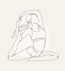 A minimalistic one-line drawing of a beautiful woman in the king pigeon yoga pose against a beige background, featuring continuous soft curves and elegant simplicity