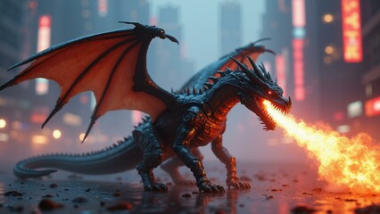   A futuristic cyberpunk-style dragon with metallic wings and an exoskeleton, emitting flames against a neon cityscape backdrop., ultra detailed, 8k resolution, HDR, professional