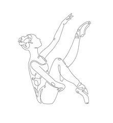A minimalistic one-line drawing of a ballerina performing a graceful seated pose, depicted on a white background, delicate continuous line