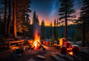 warm cozy campfire scene featuring bright colorful cooking equipment surrounded nature inviting outdoor cooking experience, gear, setup, outdoors