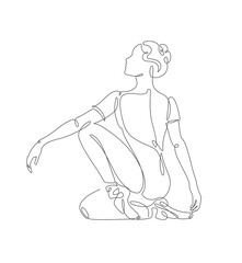 A minimalistic one-line drawing of a ballerina performing a graceful seated pose, depicted on a white background, delicate continuous line