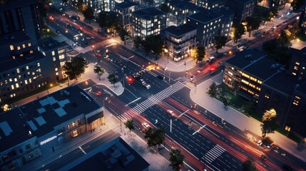 Aerial view of a smart city intersection at night