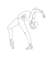 A minimalistic one-line drawing of a ballerina performing a graceful standing pose, depicted on a white background, delicate continuous line