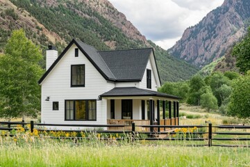 Obraz premium A charming white farmhouse nestled amidst vibrant greenery and stunning mountains, all set against a dramatic backdrop of a cloudy sky