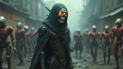   A futuristic elven necromancer with a glowing skull, adorned in a tattered cloak, commanding an army of robotic constructs from a scrapheap junkya, ultra detailed, 8k resolution, HDR, professional