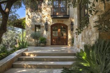 Fototapeta premium The inviting entrance of a charming stone house is beautifully framed by vibrant greenery and bathed in warm sunlight, creating a peaceful atmosphere in this serene neighborhood