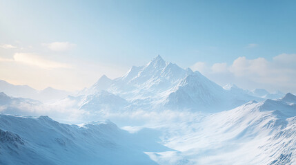 Snow-covered mountain range with towering peaks and a serene sky, symbolizing the pristine beauty of the high-altitude wilderness and the untouched power of nature.