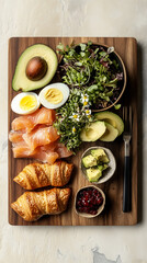Wooden board with mini croissants, avocado slices, boiled eggs, salmon pieces and microgreens
