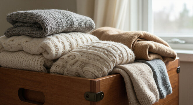 Warm knit sweaters folded in a wooden box to be put in storage until next winter, spring cleaning