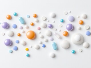Colorful assortment of various pills and capsules on a clean white background