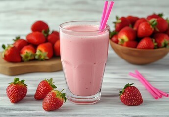 Refreshing Strawberry Smoothie with Fresh Strawberries on a Wooden Table and Vibrant Pink Straws Perfect for Summer and Healthy Lifestyle Imagery