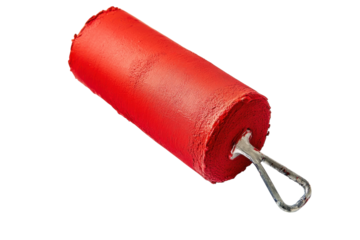 A vibrant red paint roller resting on a clean surface, ready for a fresh coat of color at home isolated on transparent background