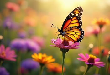 Naklejka premium colorful butterfly perched vibrant wildflowers shows bright palette lively atmosphere garden setting, nature, blooming, insect, delicate, petal, fauna