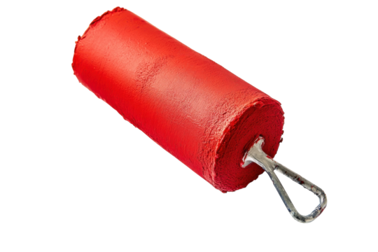 A vibrant red paint roller resting on a clean surface, ready for a fresh coat of color at home isolated on transparent background