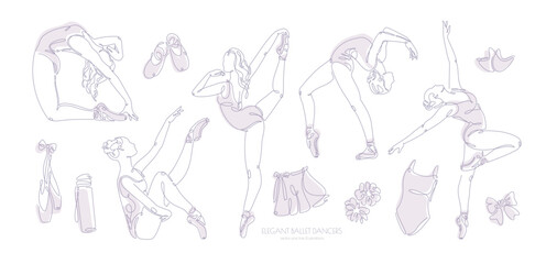 A set of ten line-art ballet poses and dance accessories, featuring minimalist designs of beautiful ballerinas in a pink palette on a white background