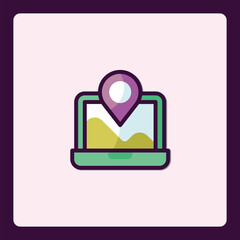 Laptop displaying digital map with purple pinpoint indicating geolocation