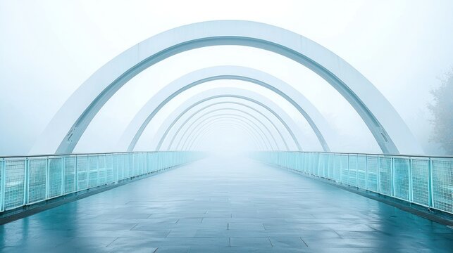 Misty arched bridge walkway in a modern cityscape