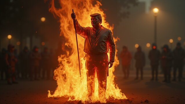   A detailed 8K rendering of an immolated effigy with a political figure, portraying public dissatisfaction., ultra detailed, 8k resolution, HDR, professional