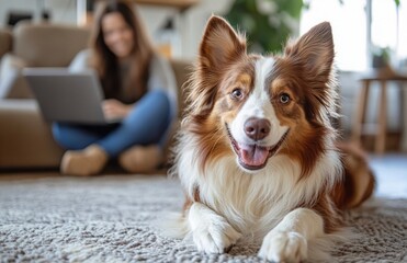 Happy dog sitting on floor, smiling, owner blurred in background with laptop
