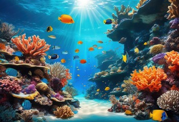 Naklejka premium vibrant coral reef close displaying diverse marine life bright colors intricate textures underwater ecosystem, abundance, aquatic, algae, anemone, biodiversity