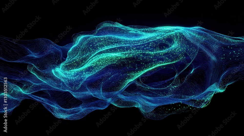 Poster futuristic render of a virtual brain composed of flowing data streams and digital code, glowing in n