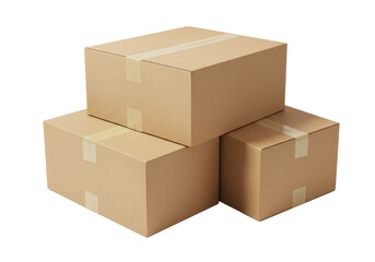 Brown corrugated cardboard boxes stacked together sealed with packing tape isolated on transparent background