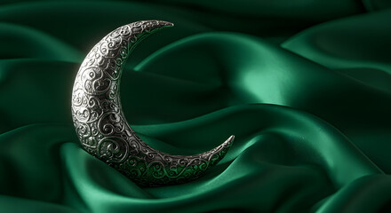 Elegant silver crescent moon ornament on green silk fabric background eid on transparent background