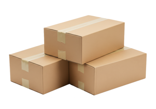 Brown corrugated cardboard boxes stacked together sealed with packing tape isolated on transparent background