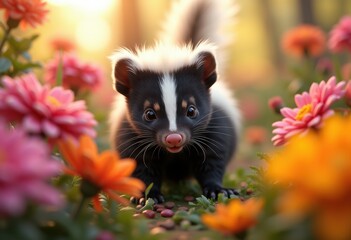 Fototapeta premium playful skunk roaming through colorful flower garden filled bright petals lush greenery, bloom, fragrance, blossom, landscape, beauty, insect, butterfly