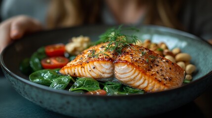 Close-up of a delicious and healthy meal featuring salmon spinach and nuts for kidney health. Generative AI
