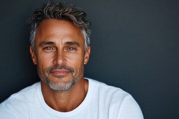 Obraz premium Confident Mature Man with Gray Hair and Beard in Casual White Shirt Against Dark Background